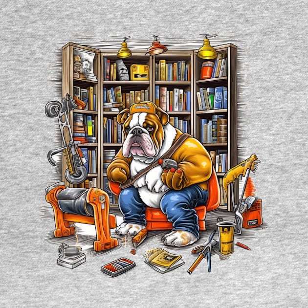 A Carpenter English Bulldog with a measuring tape and drill, installing shelves in a cozy home library by teestore_24